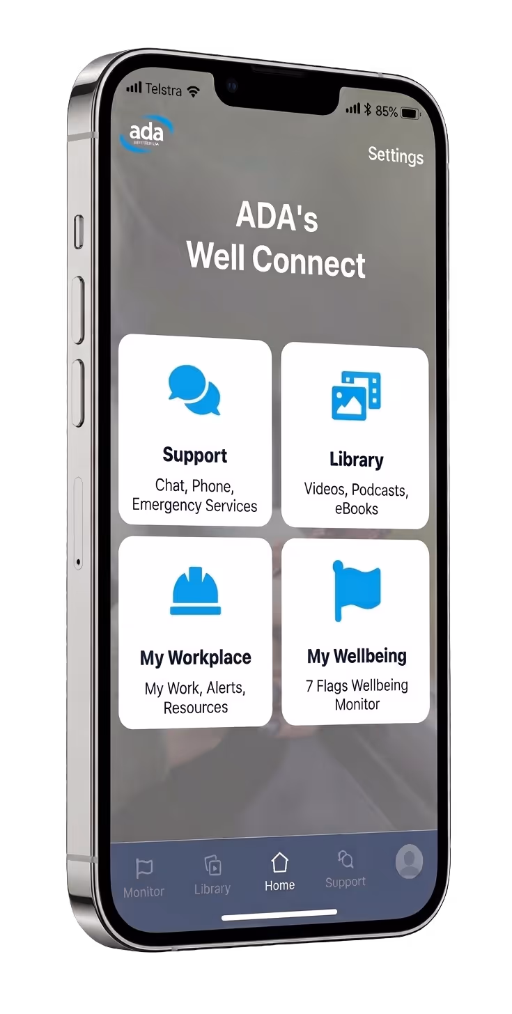 WellConnect app showing Support, Library, My Workplace, and My Wellbeing features